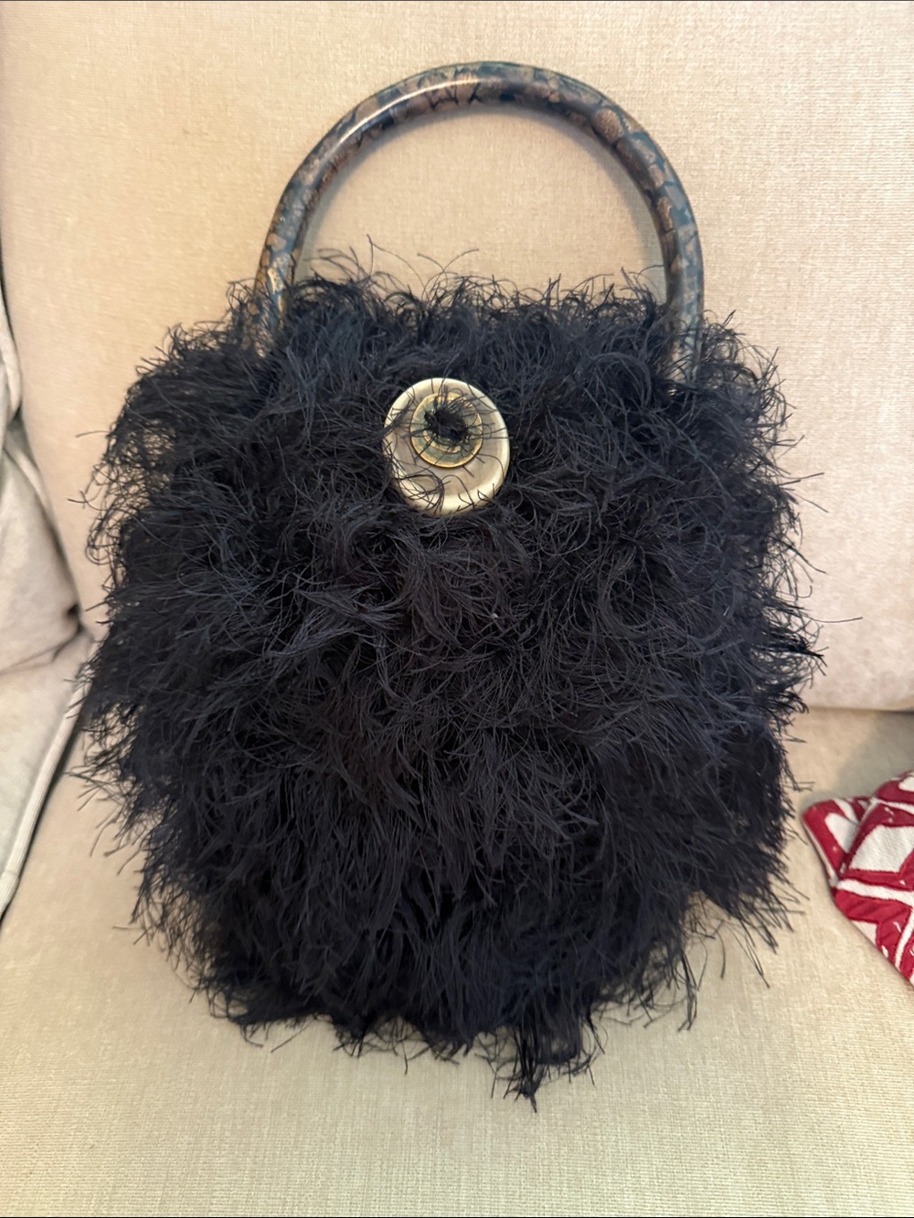 Black Handknit Felted Top-Handle Women's Bag with Cute Button Detail